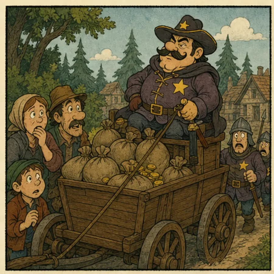Comic panel 1: The Sheriff arrives with enough sacks to worry every honest squirrel.