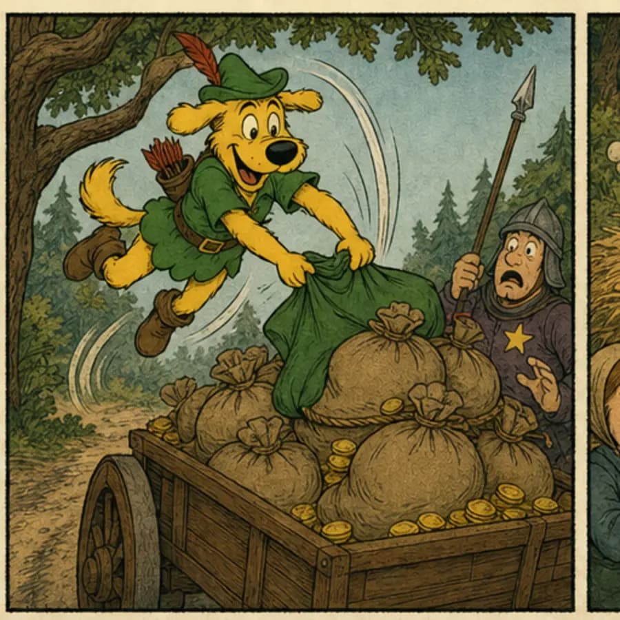 Comic panel 2: Hoodnik leaps bravely, calculates poorly, and discovers the hay.