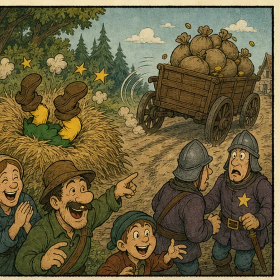 Comic panel 3: The village howls. The guards forget the cart has wheels.