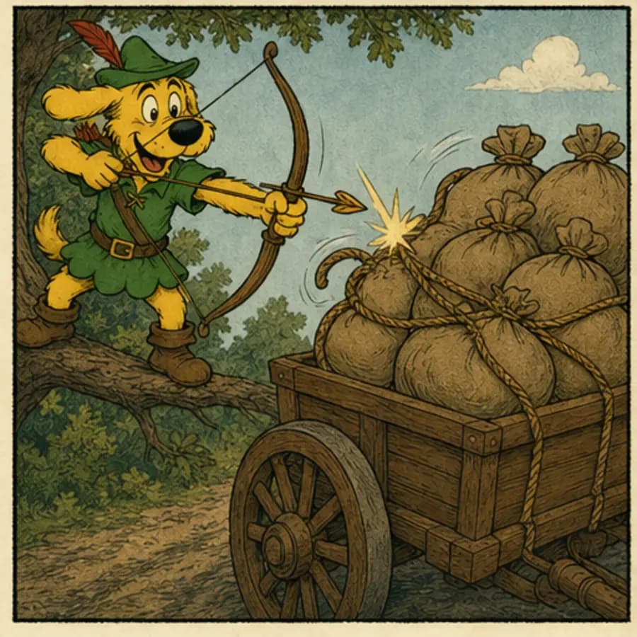 Comic panel 4: A wobbling shot finds precisely the rope nobody aimed for.