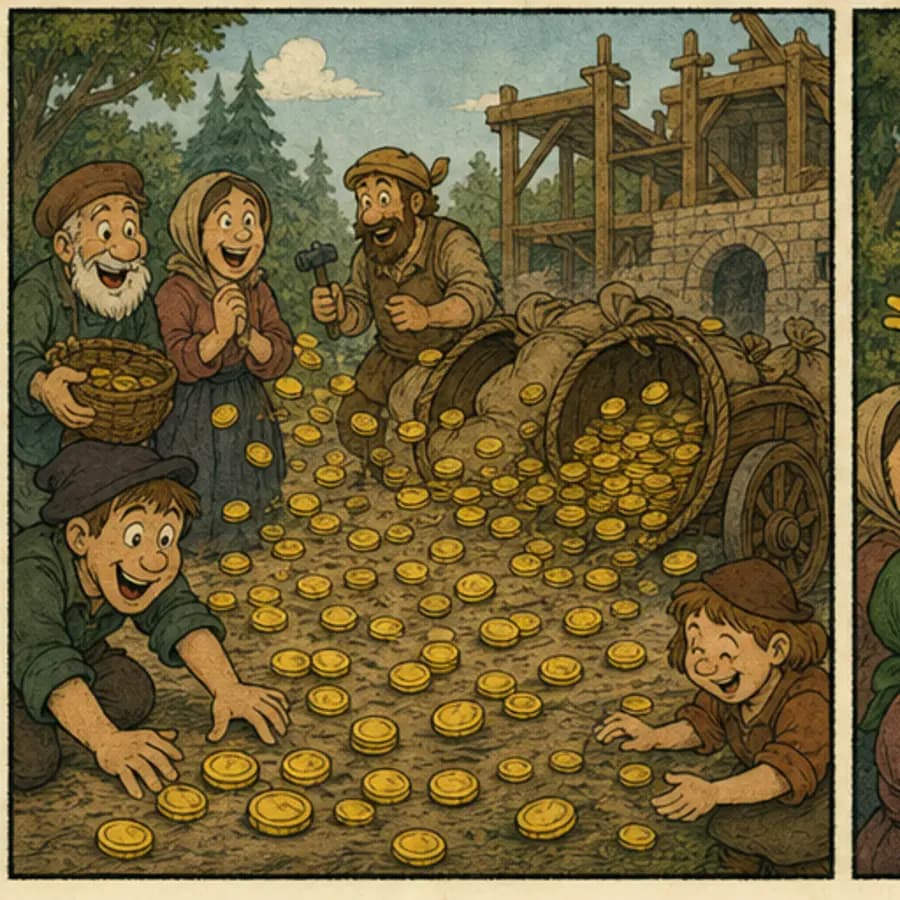 Comic panel 5: The market square receives an unscheduled redistribution.