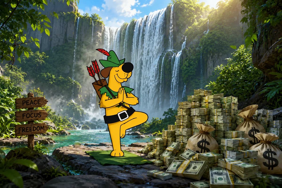 Robin Hoodnik meme illustration: Peace, Focus, and a Waterfall of Coins