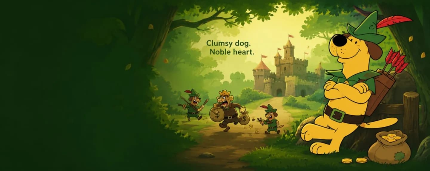Robin Hoodnik rests in Sherwood while the Sheriff flees with coin sacks; Clumsy dog, noble heart